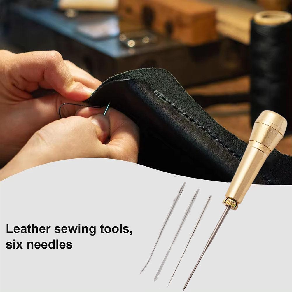Leather Sewing Kit DIY Leather Sewing Awl Needle with Copper Handle Set Leather Canvas Tent Shoes Repairing Tool Nylon Thread