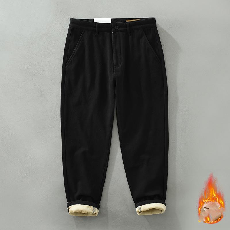 Winter Warm Pants Japanese Style Men's Pants Daily Casual Fleece Pants Straight Gray Pants Simple Thicken Men Trousers