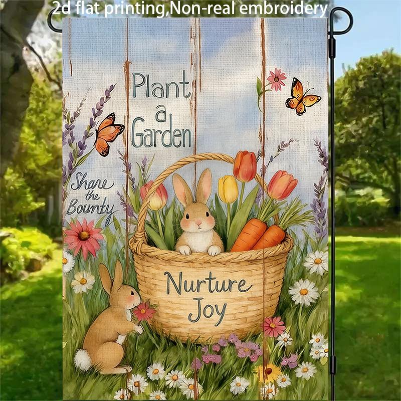 2D Flat - 2D Flat - 1pc, 2D Flat Printing, Cute Bunny Flower Basket Garden Flag, Sharing Joy in The Garden, Material, Multiple Sizes Available, Machin