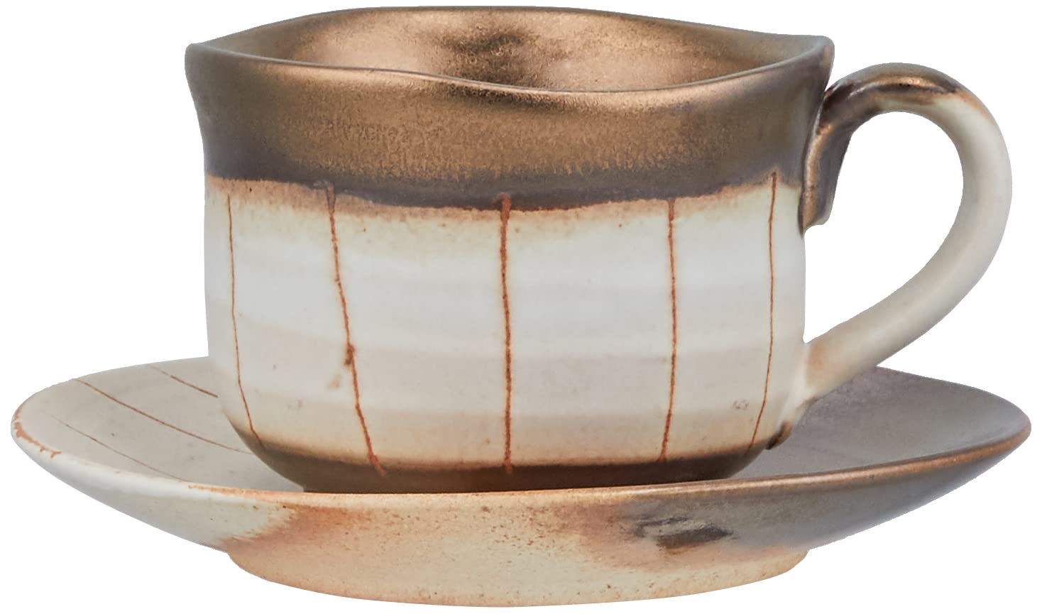 Maruyoshi Pottery Banko Ware Coffee Cup and Saucer, Gold-decorated Striped Pattern, White M0974