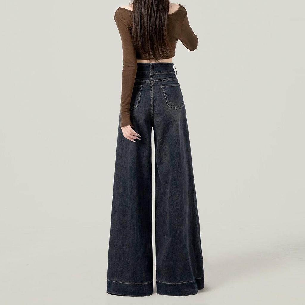 Women's Retro High-Waisted Bell Bottom Jeans, Petite, Wide-Leg, Floor-Length, Spring/Autumn 2024