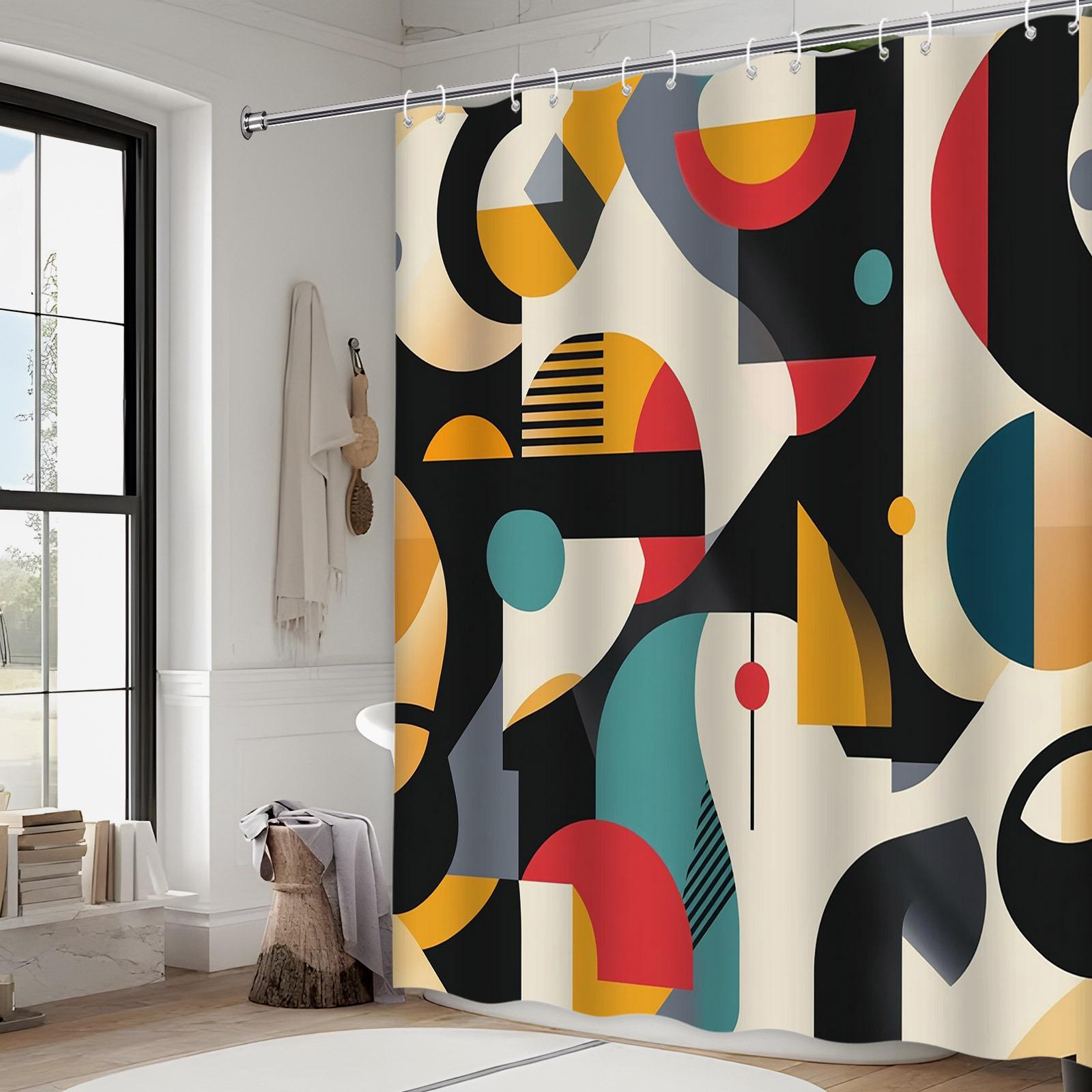 Textile Article Black/Red/Yellow Mid-Century Modern Geometric Shower Curtain - ,Cyan & Beige, Machine Washable Polyester,Contemporary Bath Decor