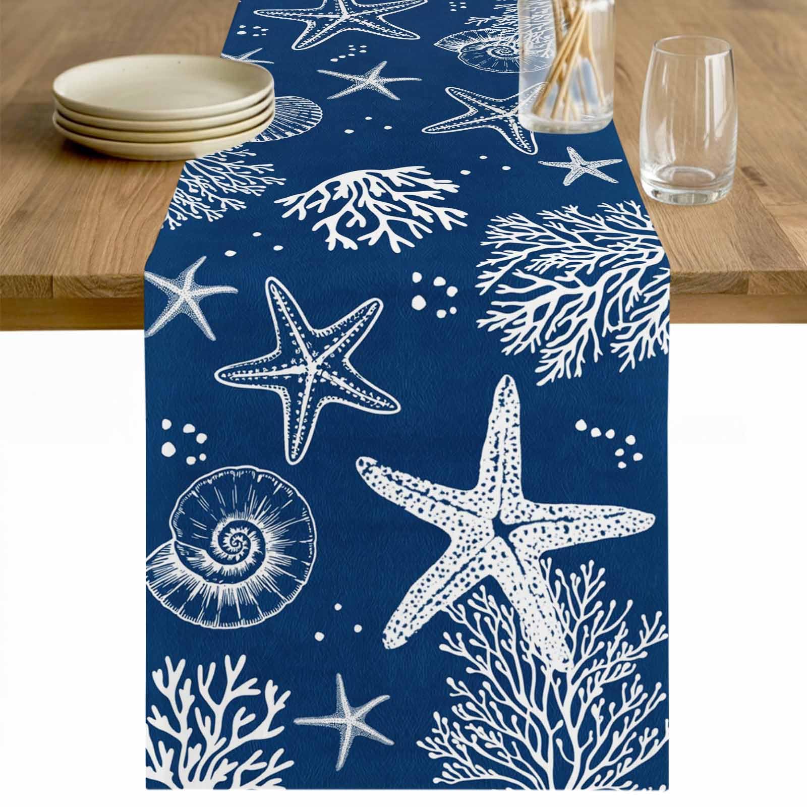 Bleu Marine Océan Côtier Étoile de Mer Corail Lin Chemin de Table Décoration de Fête Lavable Été Nautique Plage Chemin de Table Décoration de Mariage 150x33cm