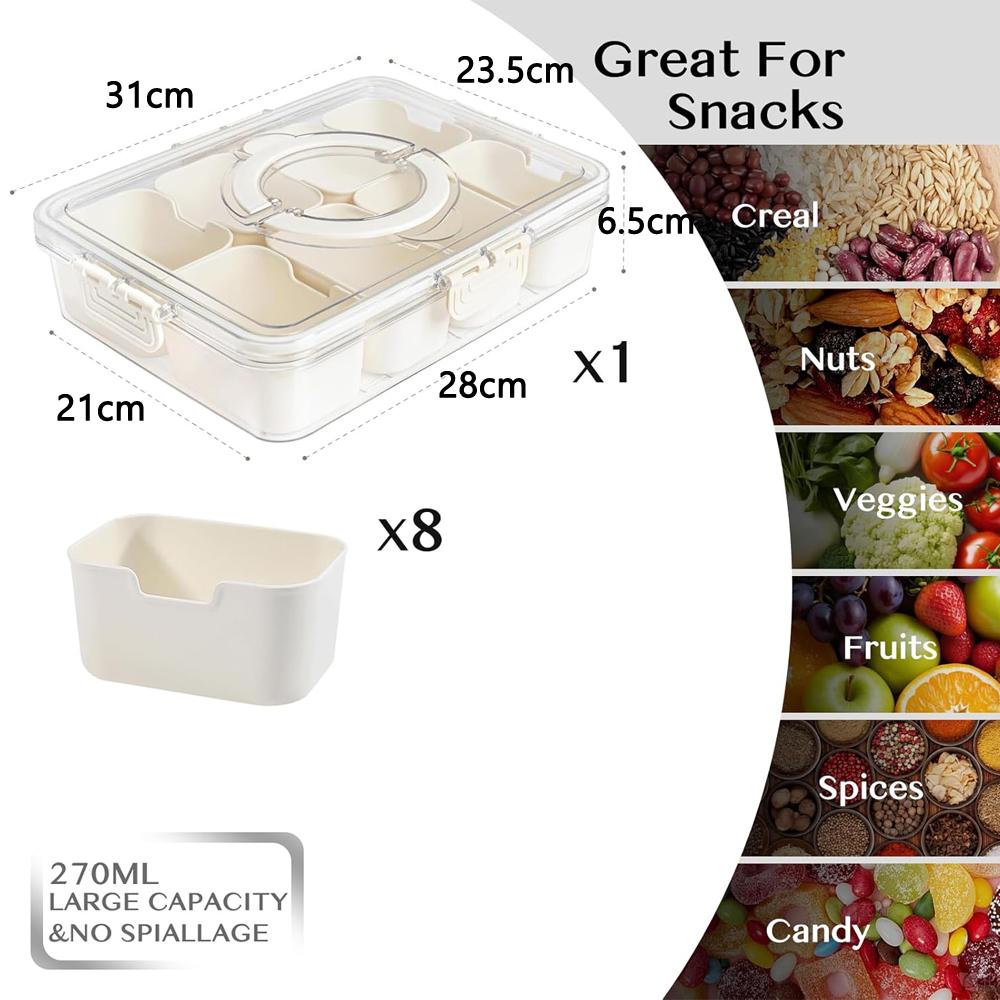 

Snackle Box Container,Portable Snack Box 8 Compartment Divided Serving Tray with Lid and Handle,Clear Storage Organizer