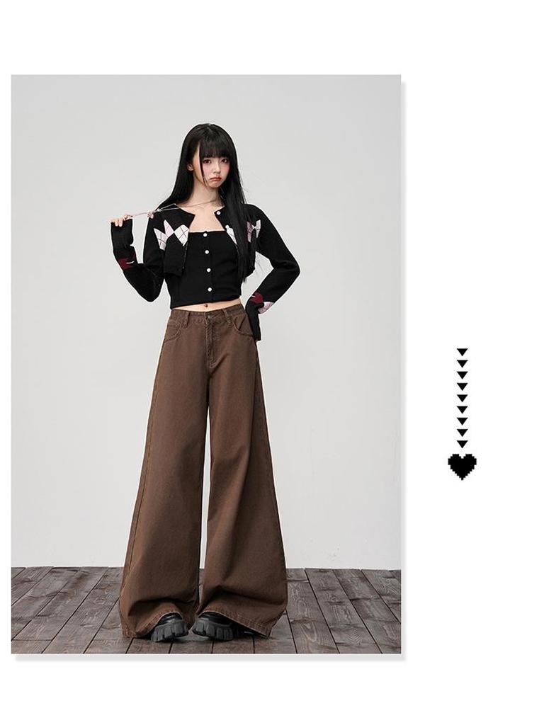 Melard Brown Wide-Leg Jeans: Women's 2026 Spring Loose Drape Casual Pants
