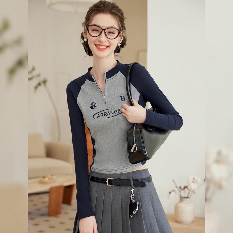 Women s Colorblock Embroidered Long Sleeve Stand Collar T-Shirt L