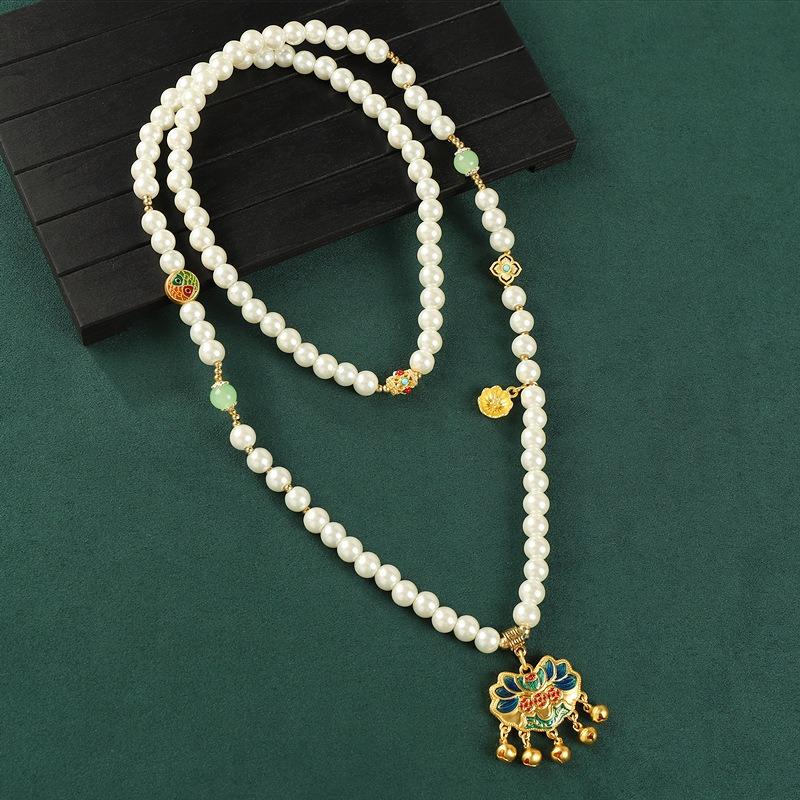 Original pearl long necklace ancient sand gold pendant women's high-end sweater chain retro accessories