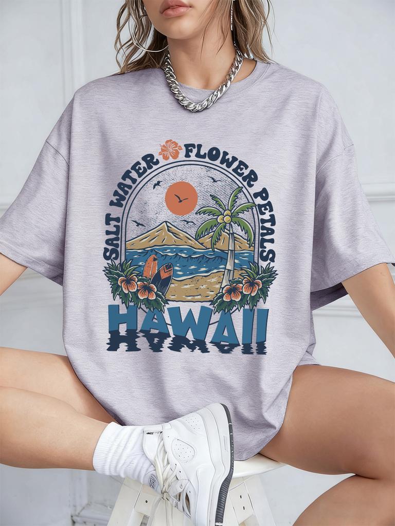 Salt Water Flower Hawaii Prints TShirts Women Summer Cotton Short Sleeve Tops Loose ONeck Comfortable T Shirt Casual Clothes