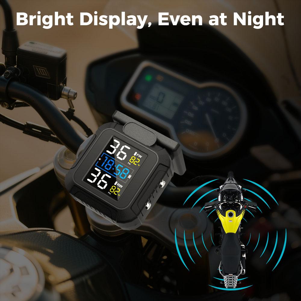 Motocyklový TPMS Moto Systémy alarmu pneumatik Solární energie Reálný čas Se 2 externími senzory Systém monitorování tlaku v pneumatikách Teplotní alarm