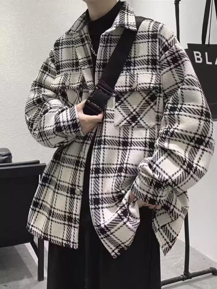 Wyrafinowana męska kurtka robocza z wełny w pepitkę - Modna koreańska odzież codzienna