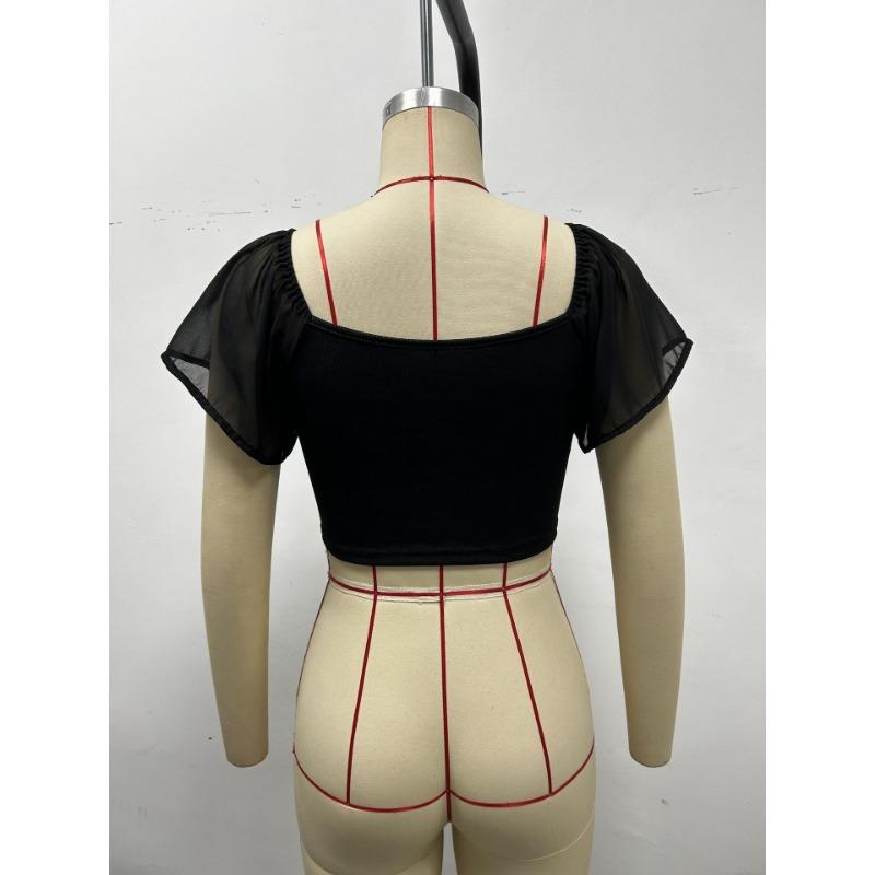 Sommer Temperament Kurzarm Chiffon Tief ausgeschnitten Sexy Kordelzug Schleife Slim Unterziehshirt