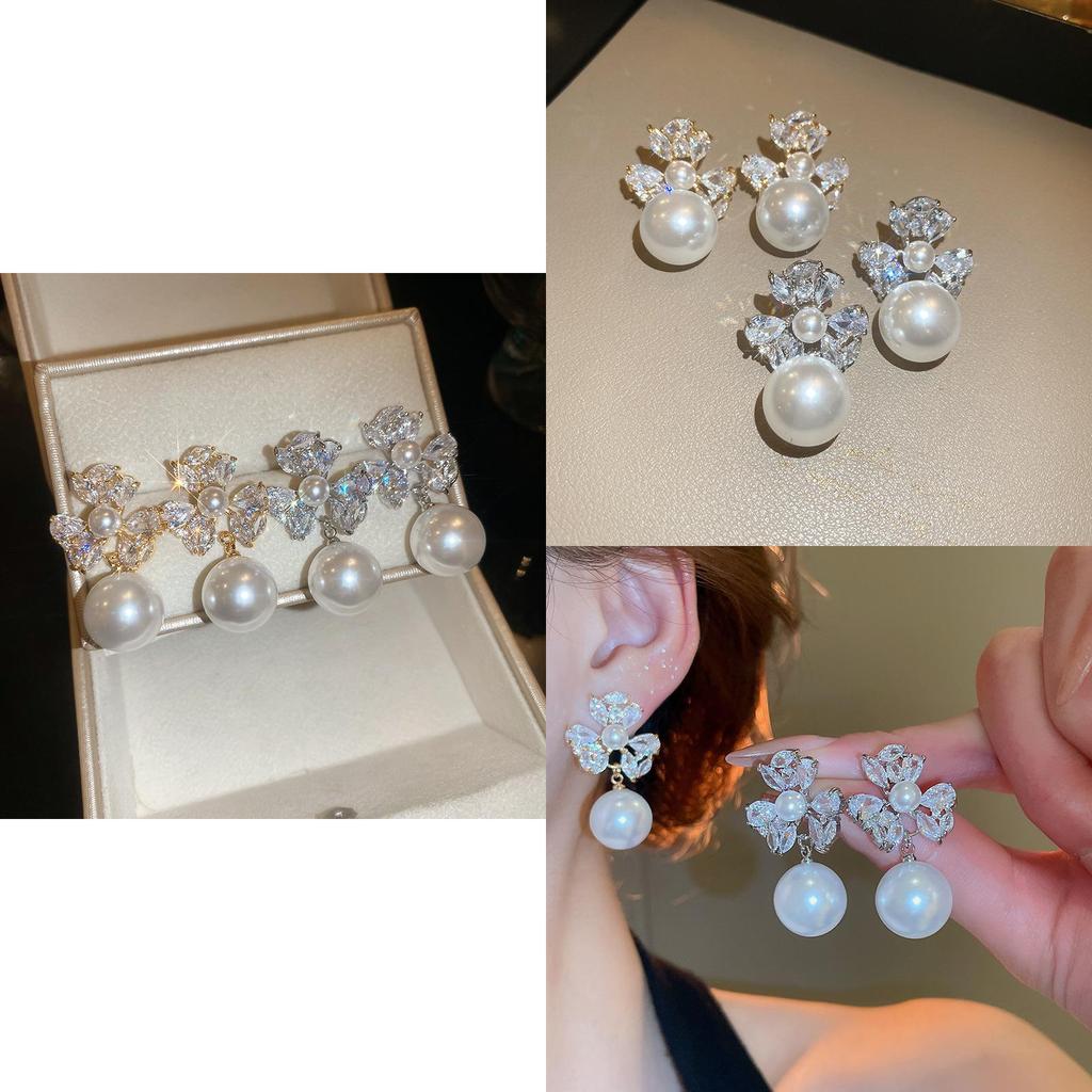 Elegant Floral Silver Plated Zircon Pearl Dangle Earrings For Women Home Party Wear