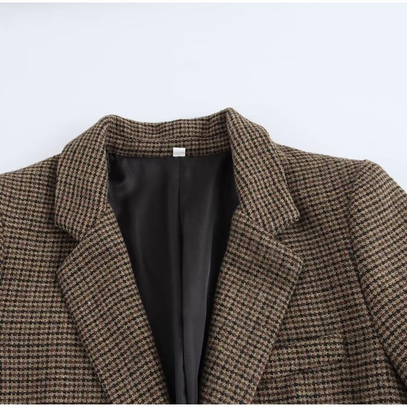 Retro Vlněné Kostkované Sako Kabáty Dámské Klopa Jednořadé Blejzry Podzimní Jednoduché Elegantní Streetové Svrchní Oblečení