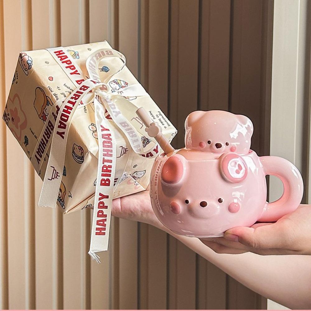 Cream Bear Cup Girls High-value Ceramic Mug with Lid Household Drinking Cup Birthday Gift Souvenir