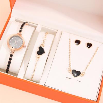 5PCS Fashion Luxury Women's Diamond Bracelet Style Watch Band Quartz Wristwatch Heart Shaped Female Pendant Necklace Bracelet Ear Studs Jewelry Set