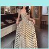 French Polka Dot Dress For Summer Vacation With High Waist And Vneck For Women