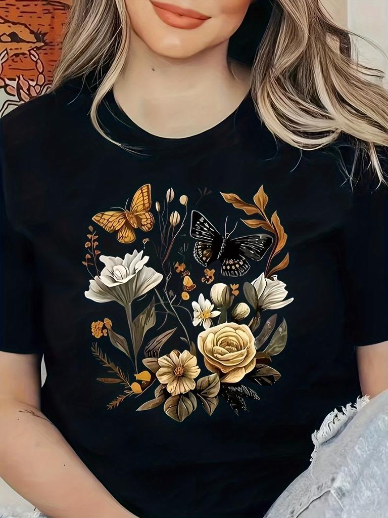 Women's Sparkling Rhinestone Butterfly T-Shirt Blue Green Glitter Print Tee Casual Crew Neck Short Sleeve Top Plus Size T Shirts