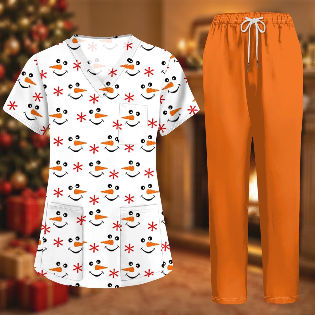 Women's Uniform Set with Short Sleeve Christmas Print Top and Pants, Two Piece Caregiver with Pockets