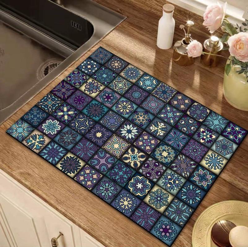 Retro Persian Pattern Drain Mat Fridge Top Non-slip Diatom Protector Mat Coffee Drain Pad Table Placemats for Home Decoration