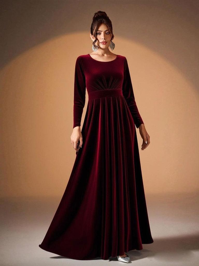 Plus Size Women's Gold Velvet Pleated Evening Gown, Long Sleeve Dress (2026 Collection)