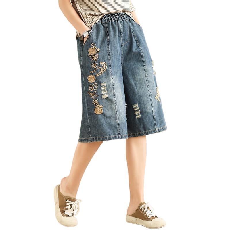 Ronghua Vintage Ethnic Embroidered Denim Capris