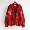 Damen Lockere Passform Bunter Knopf Strickjacke Langarm Buchstabenmuster Lässiger Mantel