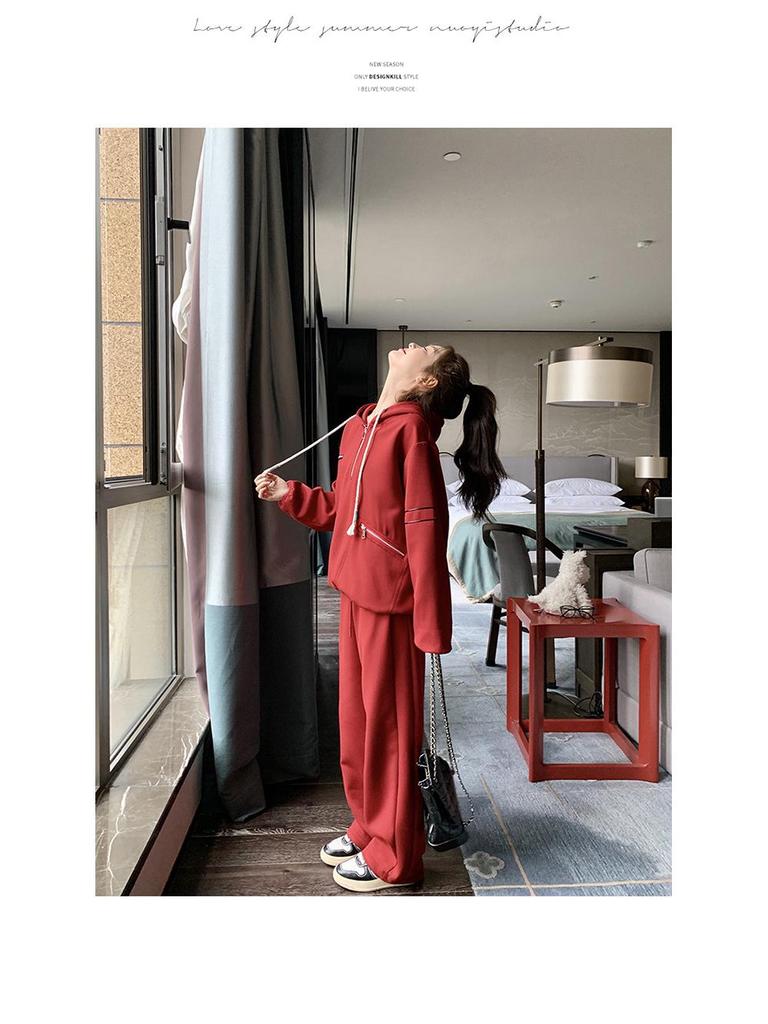 Women's Red Casual Sports Sweater & Wide-Leg Pants Set, 2024 Korean Style, Age-Reducing, Perfect for Spring/Autumn.