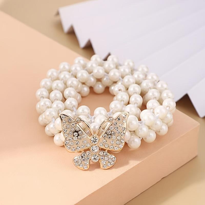 2Pcs Elegant and Cute Stretchable Adjustable Curtains with Golden Butterfly Shape and White Artificial Pearls