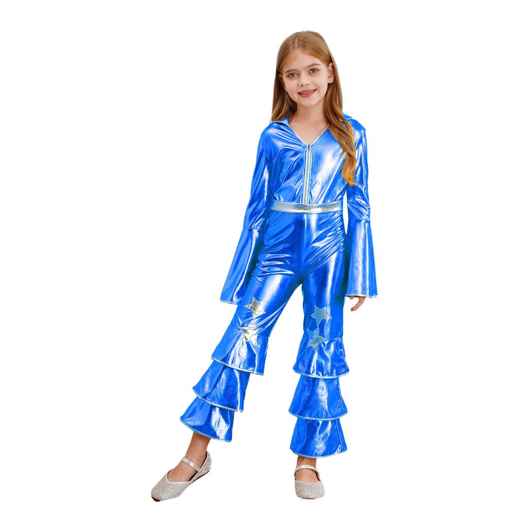 Kids Retro 70s Disco Jumpsuit, Flare Sleeve Ruffle Bodysuit with Bell Bottom Pants, Comfortable Dance Party Cosplay Costume