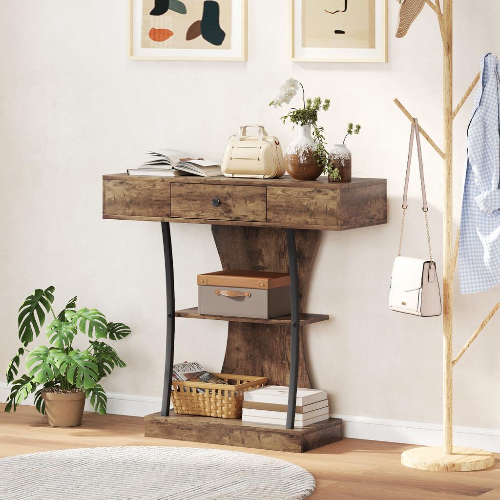 Console Table, 3-Tier Industrial Hallway Table with Drawer, Storage Shelves, 91 X 32 X 87 Cm, Rustic Brown