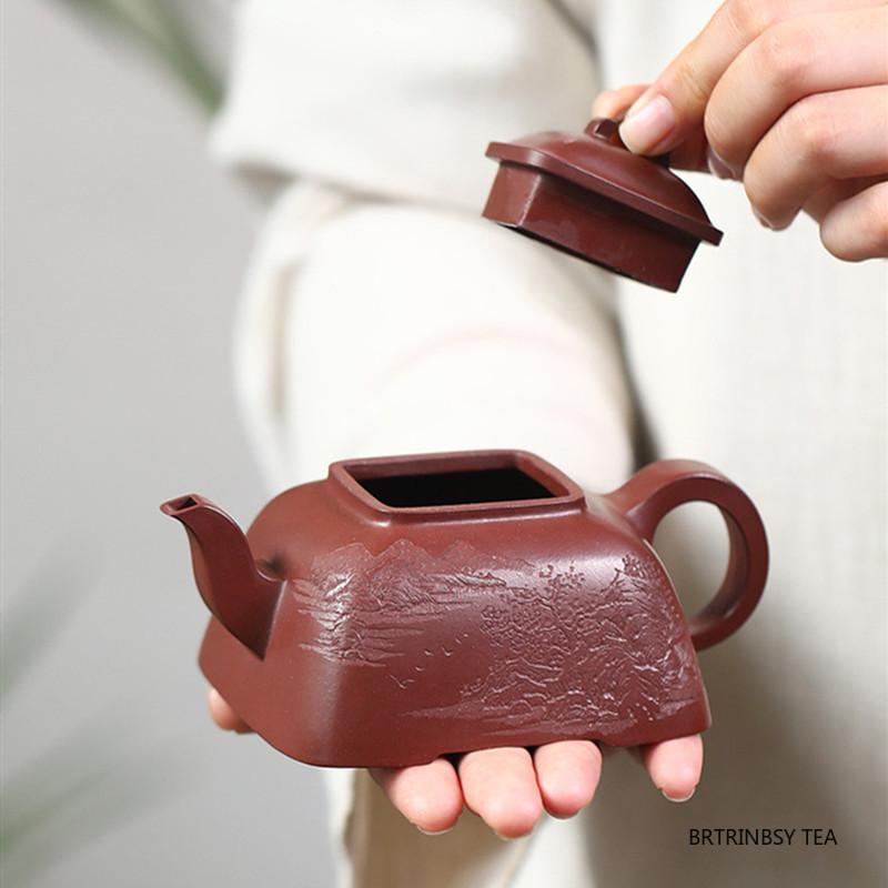 230ml Yixing Purple Clay Teapot Hand-carved landscape Beauty Tea Pot Household Handmade Square Kettle Chinese Zisha Tea Set