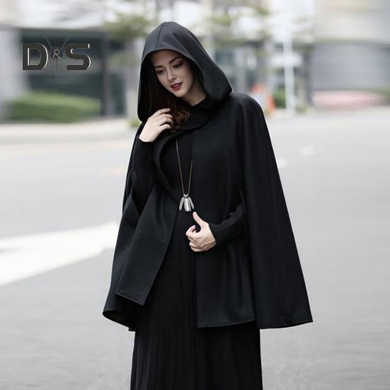 Winter Women Cape Coat with Hood Medieval Retro Cape Gothic Keep Warm Shawl Knee Length Loose Cloak Thick Single-Button Closure Outdoor Poncho Pirate