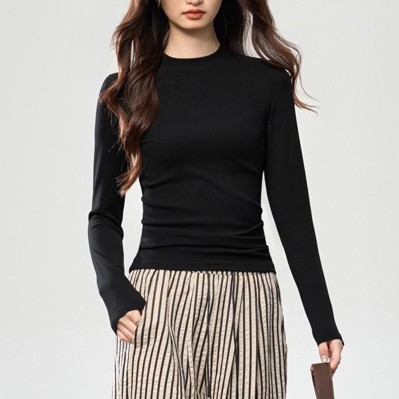 Soft Brushed Cotton T-Shirt Women Fall Winter Long Sleeve Slim Fit Stand Collar Base Layer Top