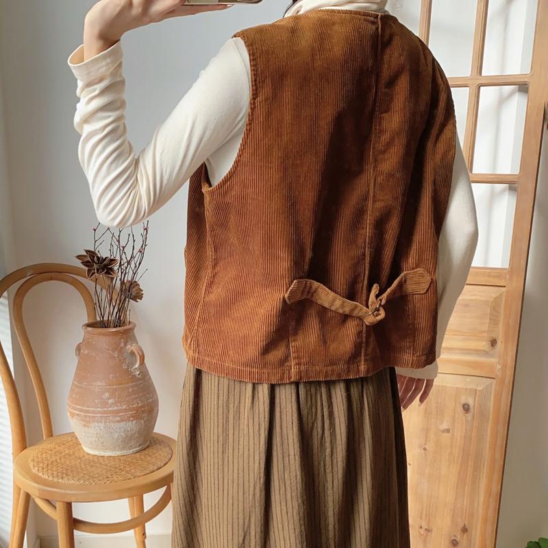 Johnature Spring Japanese Corduroy Sleeveless Vests Casual All Match Solid Color Pockets Women Vests