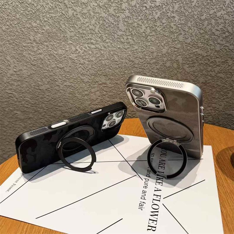 Luxury Camouflage Leather Cooling Frame Magnetic Stand Phone Case iPhone 16 15 14 13 12 Pro Max 11 Plated Shock-protected Rear Cover