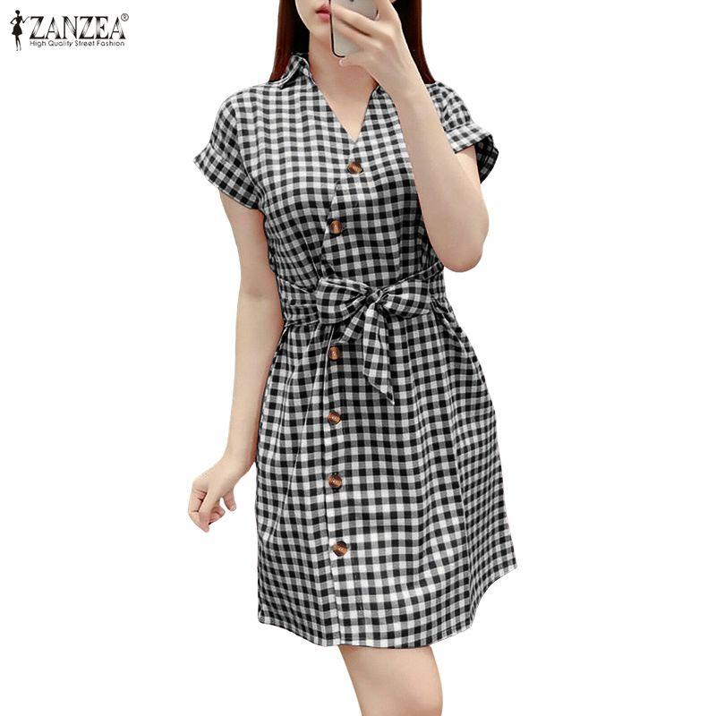 ZANZEA Women Casual V-Neck Short Sleeve Plaid Print Dress