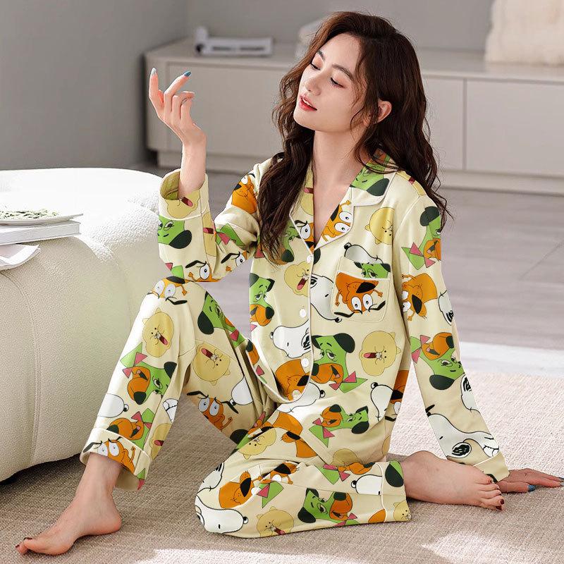 Spring And Autumn Pajamas Women'S Cardigan Long-Sleeved Trousers Korean Girls' Simple Cartoon Loungewear Suit Can Be Worn Outside