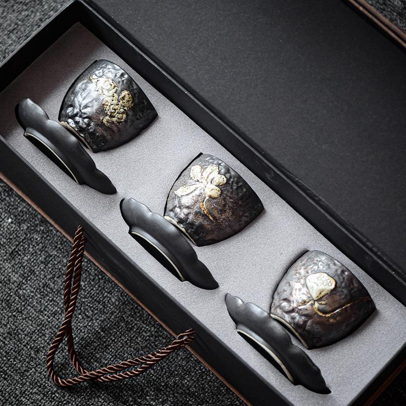 Gilt Small Teacup Ceramic Tea Set Coaster Single Cup Tasting Cup Tea Brewing Cup Gift Box Set for Gifting