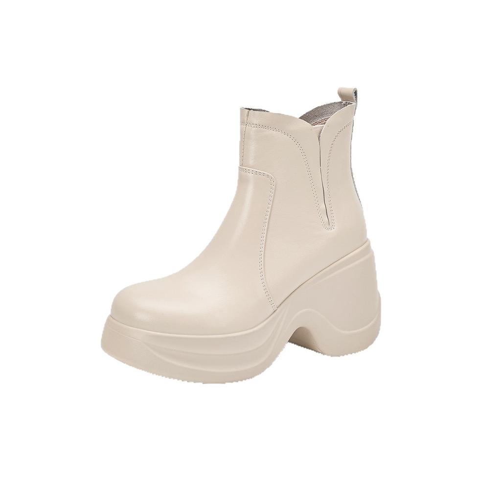 Autumn and winter new round head thick-soled leather Martin boots for women, thick heel waterproof table V-mouth side zipper, super high heel short b