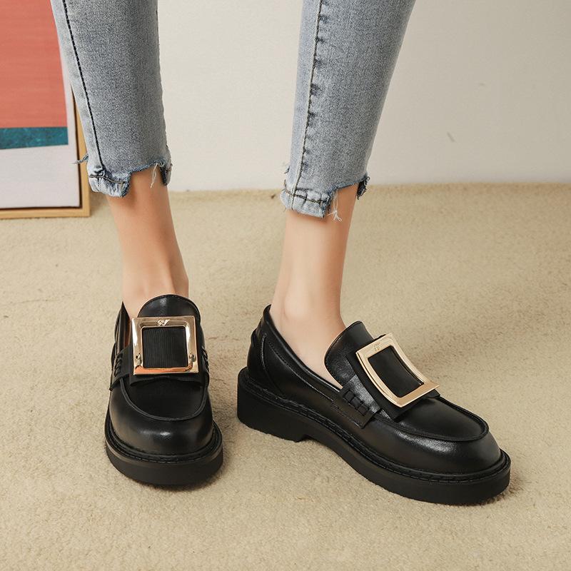 Fashion Woman Crystal Metal Buckle Oxfords British Small Leather Shoes Women 2025 Slip On Flats Thick Heels Matte&shiny Leather Loafers
