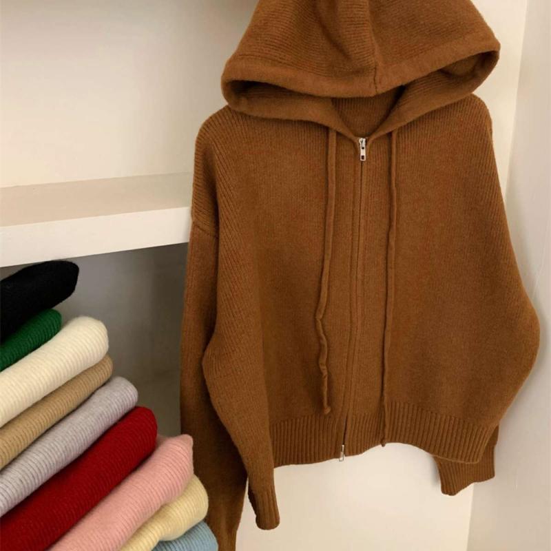 Toamnă și iarnă, în stil coreean, cu fermoar, pulover cu glugă, cardigan, jachetă, top tricotat la modă pentru femei