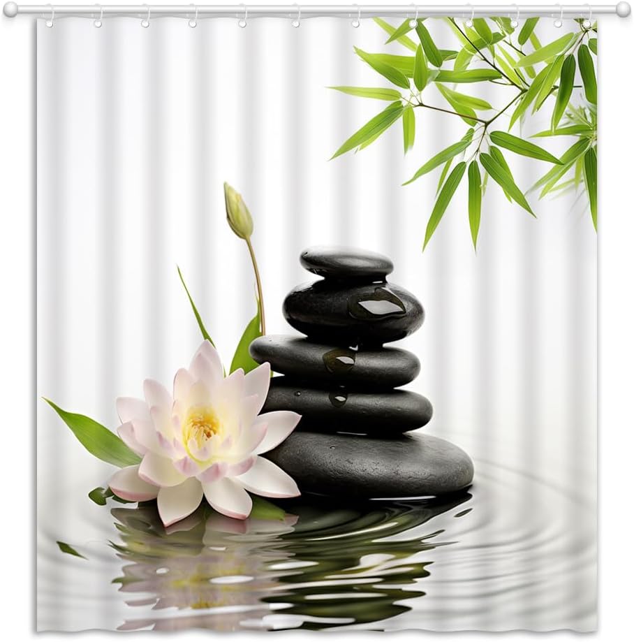 Japanese Shower Curtain Zen Stone Spa Lotus Floral Bamboo Leaves Relaxing Aesthetic Minimalist Fabric Bathroom Decor Curtains