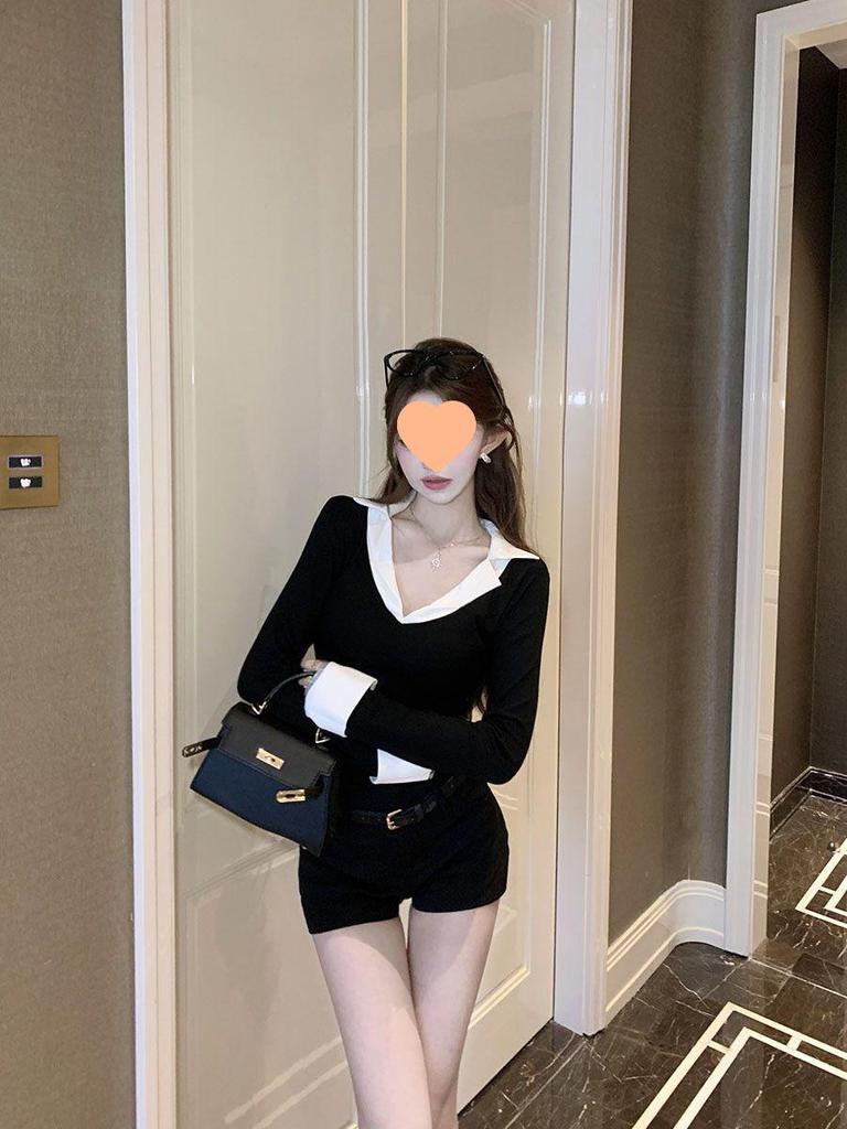 Würziges Mädchen V-Ausschnitt Figurbetont Schwarz Patchwork Zweiteiliges Oberteil - Langarm-T-Shirt für Herbst/Winter