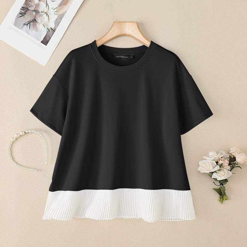 

ZANZEA Women Casual Round Neck Short Sleeve Splice T-Shirts S чорний