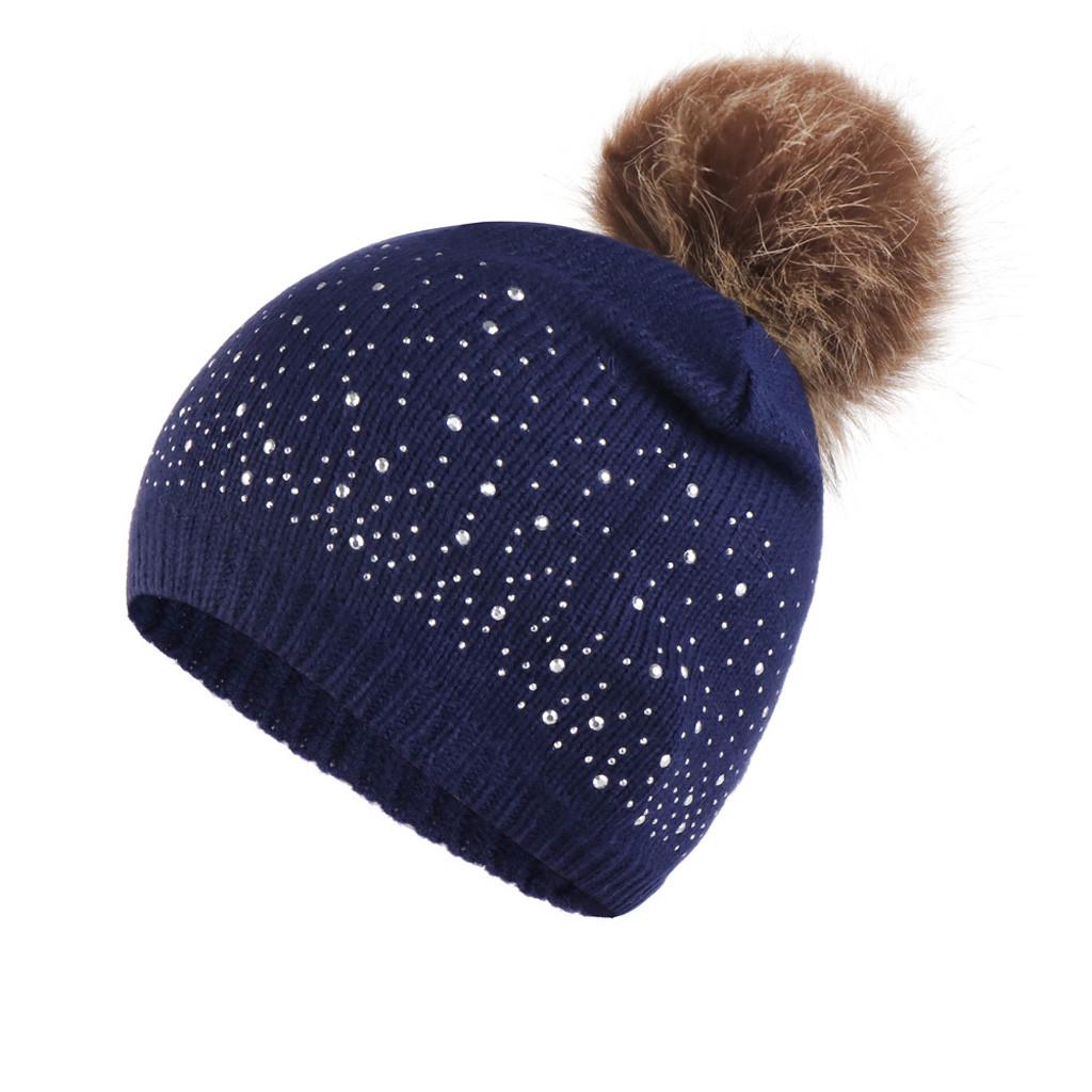 Fashion Women Knitting Wool Hemming Hat Rhinestone Keep Warm Winter Hairball Cap