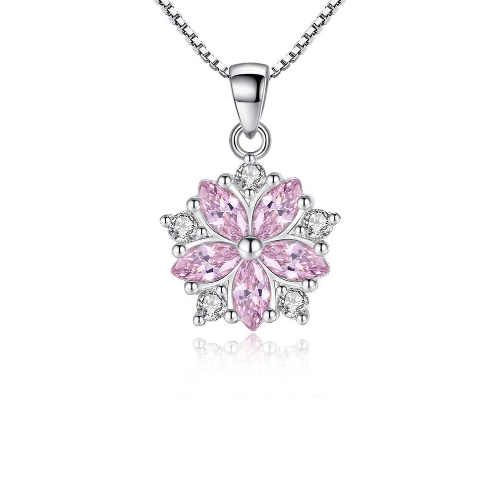 925 Sterling Silver Pink Crystal Flower Pendant Chain Necklace For Women Korean Elegant Luxury Quality Jewelry Accessories