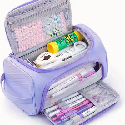 1pc Large Capacity Canvas Pencil Case with Multiple Compartments & Mesh Pocket - Durable & Travel Organizer for Students, Artists