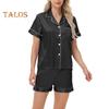 2-teiliges Pyjama-Set, Satin, einreihiges Cardigan-Hemd, V-Ausschnitt, Reverskragen, einfarbiges Hemd mit Brusttasche, lockere Shorts, Nachthemd, Nachtwäsche