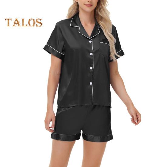 2-teiliges Pyjama-Set, Satin, einreihiges Cardigan-Hemd, V-Ausschnitt, Reverskragen, einfarbiges Hemd mit Brusttasche, lockere Shorts, Nachthemd, Nachtwäsche