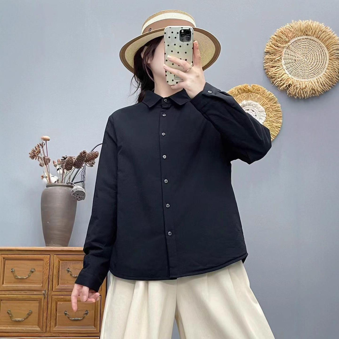 

Women s 2025 Winter Quilted Long-Sleeve Casual Shirt - Comfortable, Warm, Solid Color Top with Lapel L чёрный